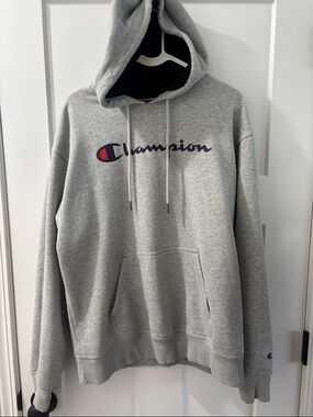Champion Gray Crewneck Hoodie with Navy & Red Logo